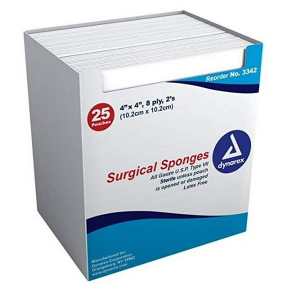 Dynarex Surgical Sponges (4 Inches x 4 Inches) Sterile, 25 Each