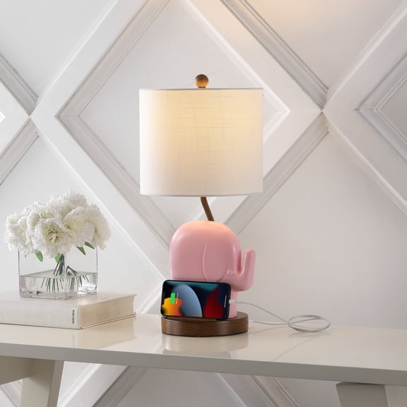 JONATHAN Y Ellie 20.25" Bohemian Designer Iron/Resin Elephant LED Kids' Table Lamp with Phone Stand and USB Charging Port, Pink, JYL6312B