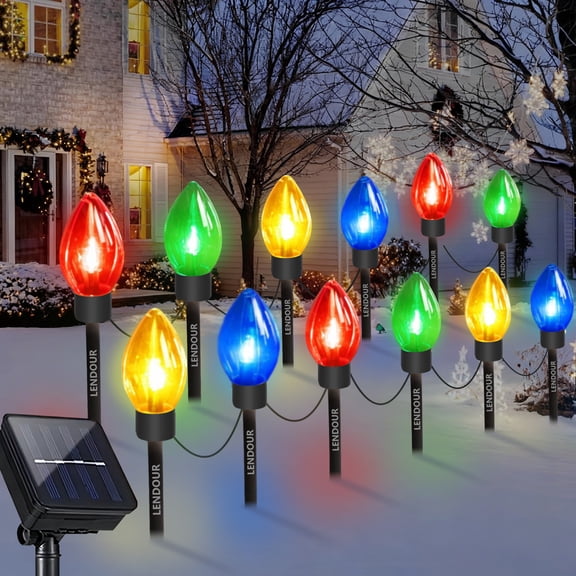 LENDOUR Christmas Pathway C9 String Lights Outdoor, 25 Ft 12 Clear Lights with Stakes, Waterproof for Xmas Party Holiday Commercial Outdoor Decoration