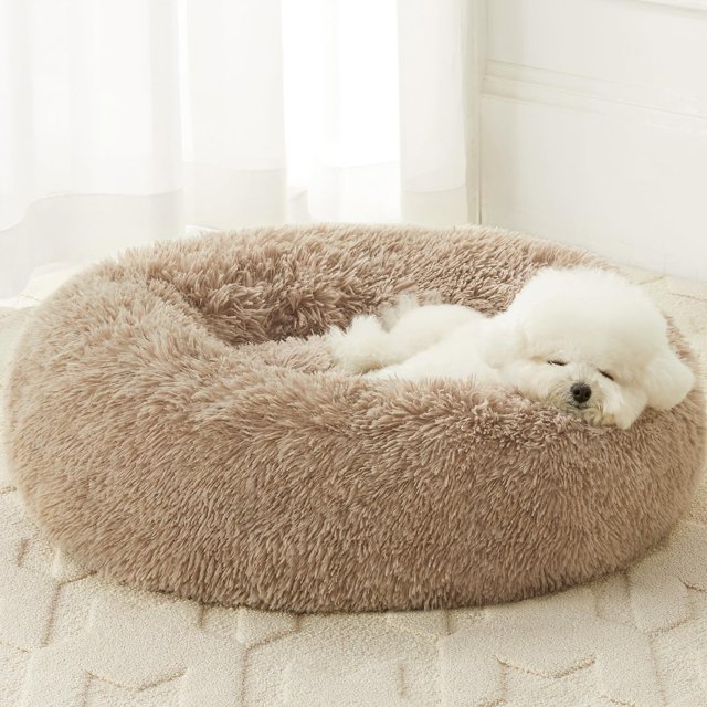 Wnpethome Cama Calmante Para Perros Y Gatos, Antiansiedad, Donut, Camas Para Perros Pequeños, Cojín De Piel Sintética Esponjosa, Cama Para Perros Pequeños Y Mascotas (24 X 24 Pulgadas, Marrón)