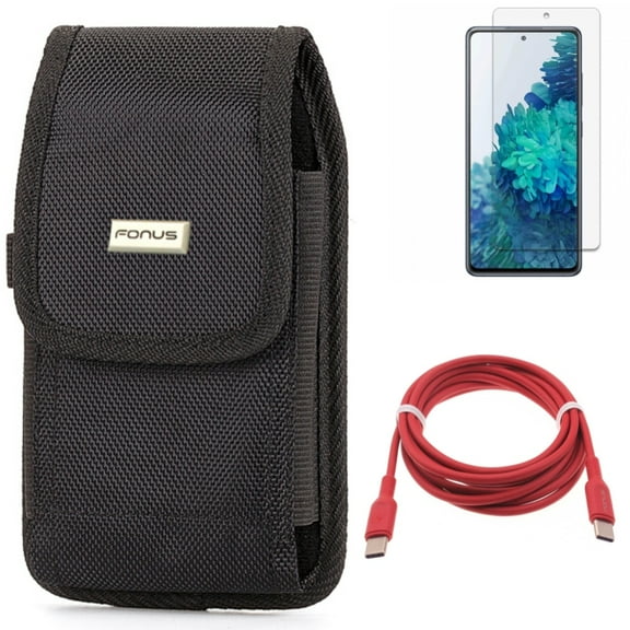Red 6ft Long Cable & Case Belt Clip & Screen Protector for Samsung Galaxy S20 Fan Edition - USB-C to Type-C PD Fast Charger   Rugged Holster   Anti-Glare Tempered Glass Combo