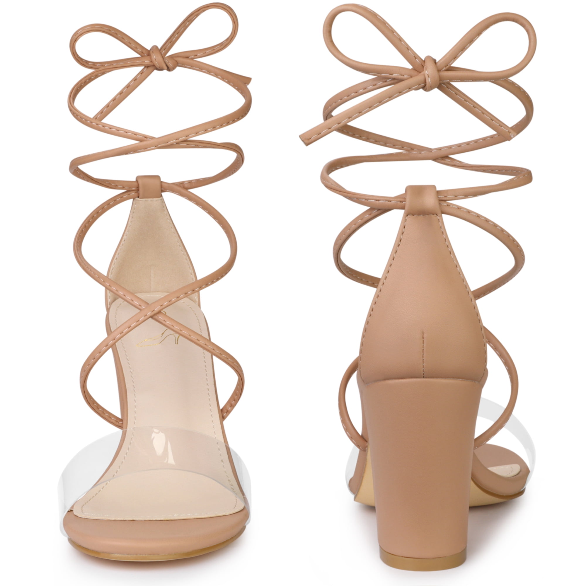 Unique Bargains Women's Lace-Up Clear Strap Block Heels Sandals
