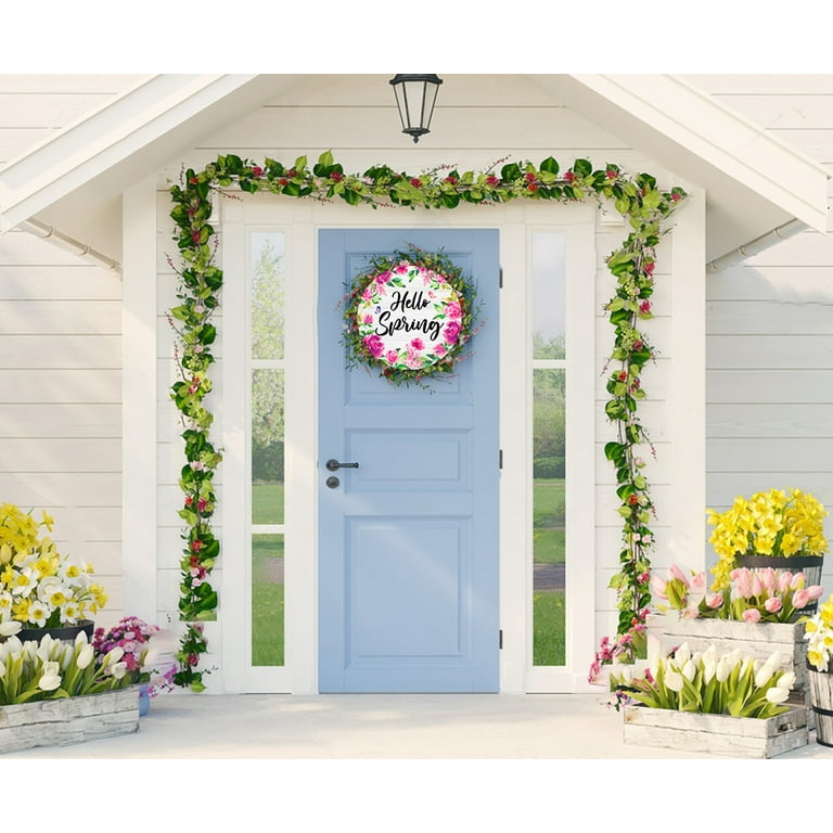 WaaHome Hello Spring Sign Wreath for Front Door Decor, Pink Purple