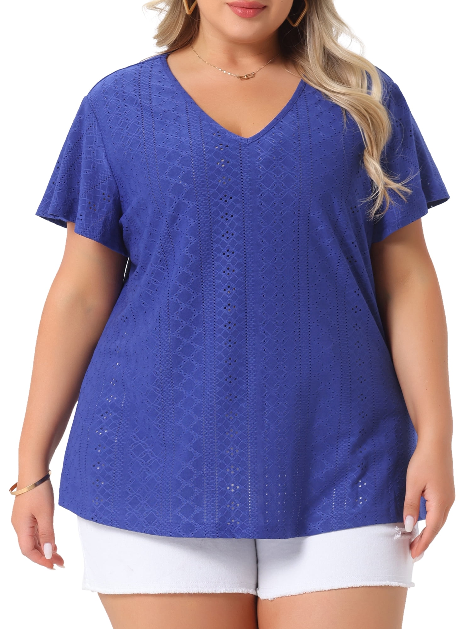 DARING DIVA Women's Plus V Neck Hollow Flare Short Sleeve Top 1X Royal Blue