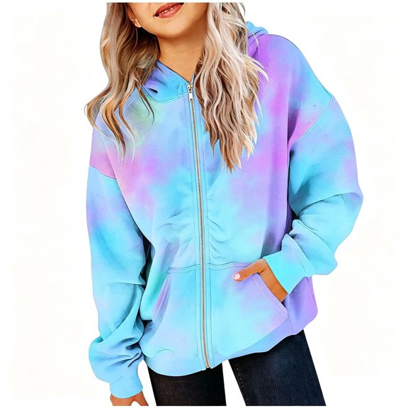 Grblisyd Girls Hooded Zip Up Jacket Casual Long Sleeve Gradient Hoodies Cute Oversized Pocket Sweatshirt Tops