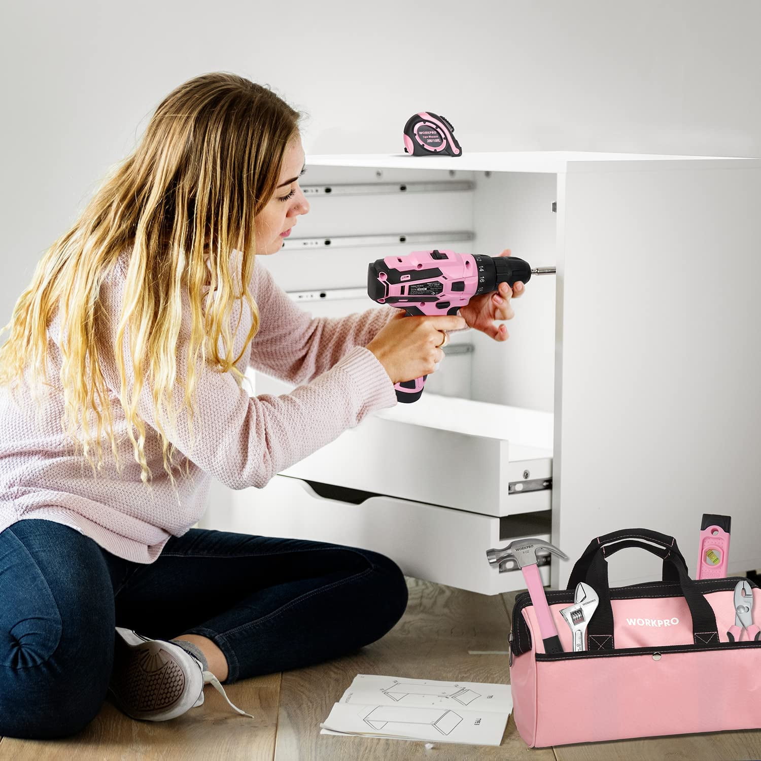WORKPRO 12V Cordless Drill Driver Kit, Power Tool Kit for Home, 61-Piece Hand Tool Set, 14-inch Storage Bag, 1.5Ah Lithium-ion Battery & Charger included (Pink)