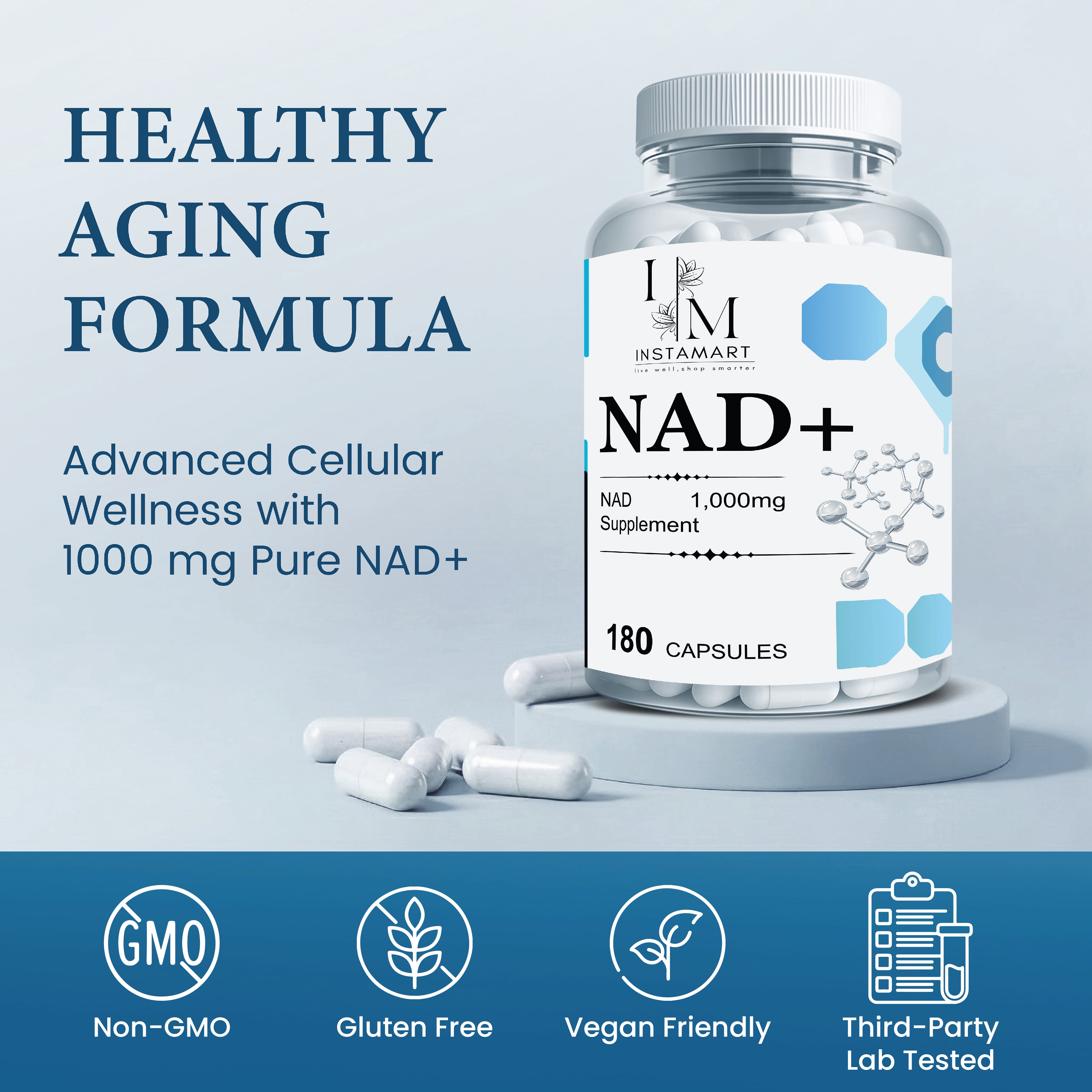 INSTAMART NAD Supplements for Women & Men (180 Capsules) Organic NAD + Supplement 1000mg Serving | Similar to Nicotinamide Riboside | Advanced Formula for Cellular Health, Stamina & Healthy Aging