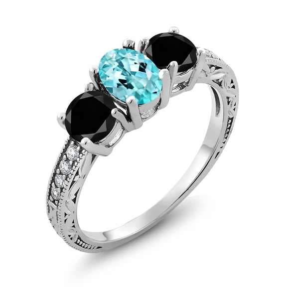 Gem Stone King 2.04 Ct Oval Blue Apatite Black Diamond 925 Sterling Silver Moissanite Ring (Size 6)