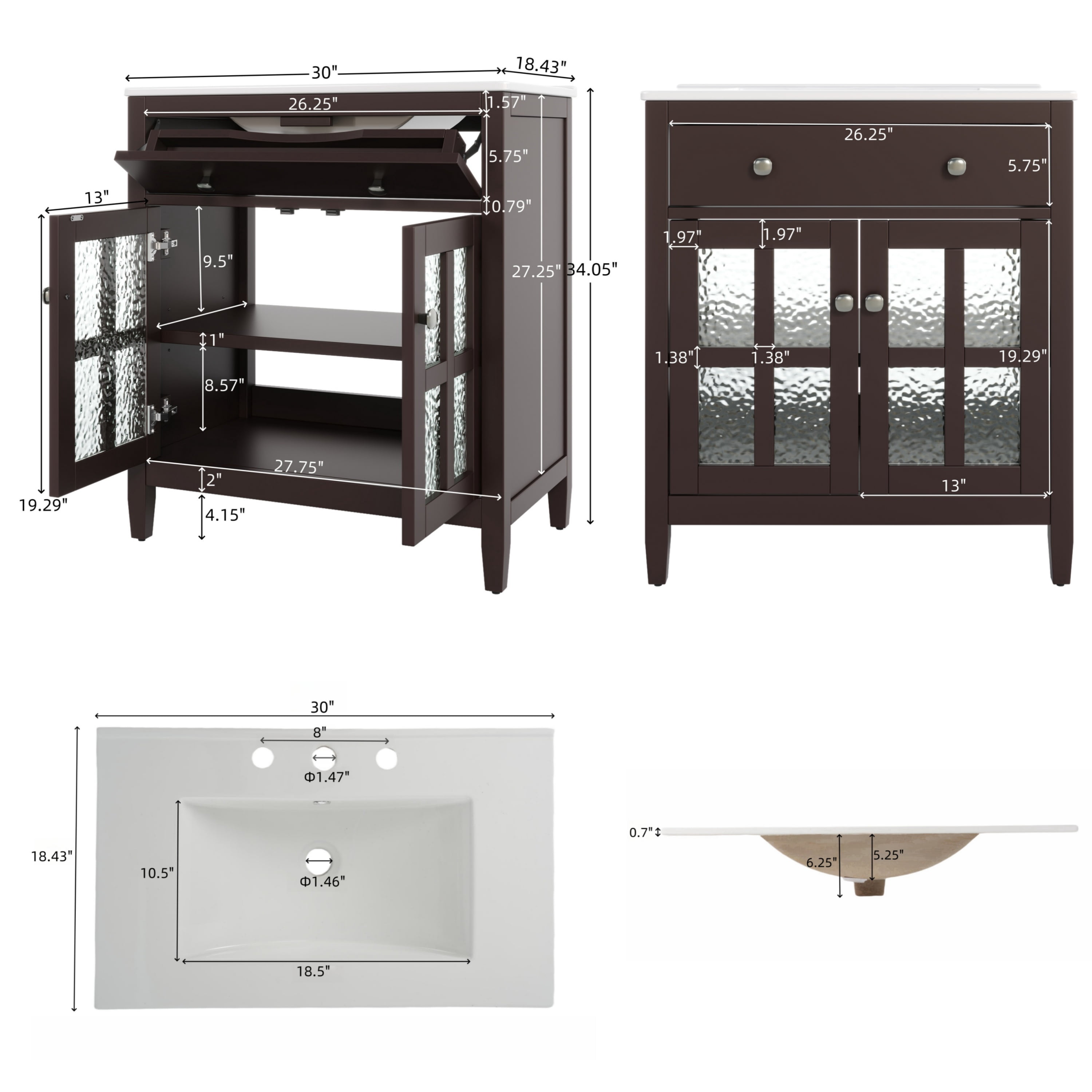 Euroco 30" Bathroom Vanity with Ceramic Sink, Equipped with Adjustable Shelf and Tip-Out Tray, Bathroom vanity with Solid Wood Legs, Silver Metal Knobs and Soft Close Hinges, Dark Brown