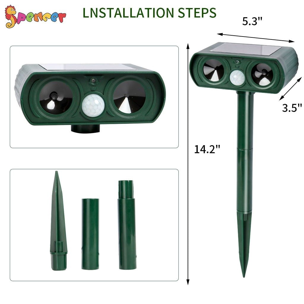 SPENCER Ultrasonic Animal Repeller Solar Power Cat Mice Deer Sensor with Motion Sensor LED Flashing Lights IPX4 Waterproof for Outdoor Farm Garden Yard