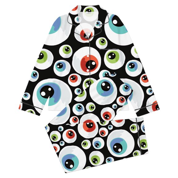 Yuncity Girls Pajamas Halloween Print Down Collar Long Sleeve Long Sleepwear Casual Home Outfit Comfortable Pjs Loungewear Kids Nightwear Size 4-5 Years Black