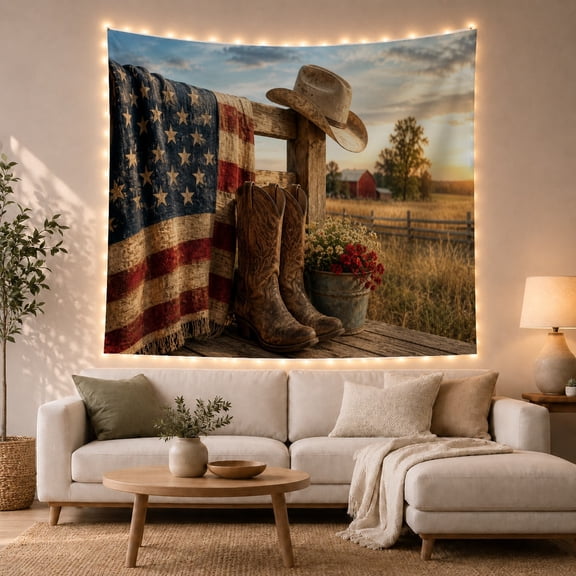 Cowboy Boots Beside an American Flag, Cozy Farmhouse Style for Western Decor Fans, Country Wall Art, Father's Day Gift, Tapestry Wall Hanging for Living Room and Cabin