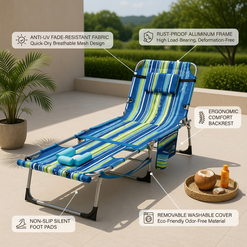 Hommoo Portable Folding Tanning Chair with Face Hole & Adjustable Backrest, Lightweight Sunbathing Lounger for Beach, Pool, Backyard, Blue & Green