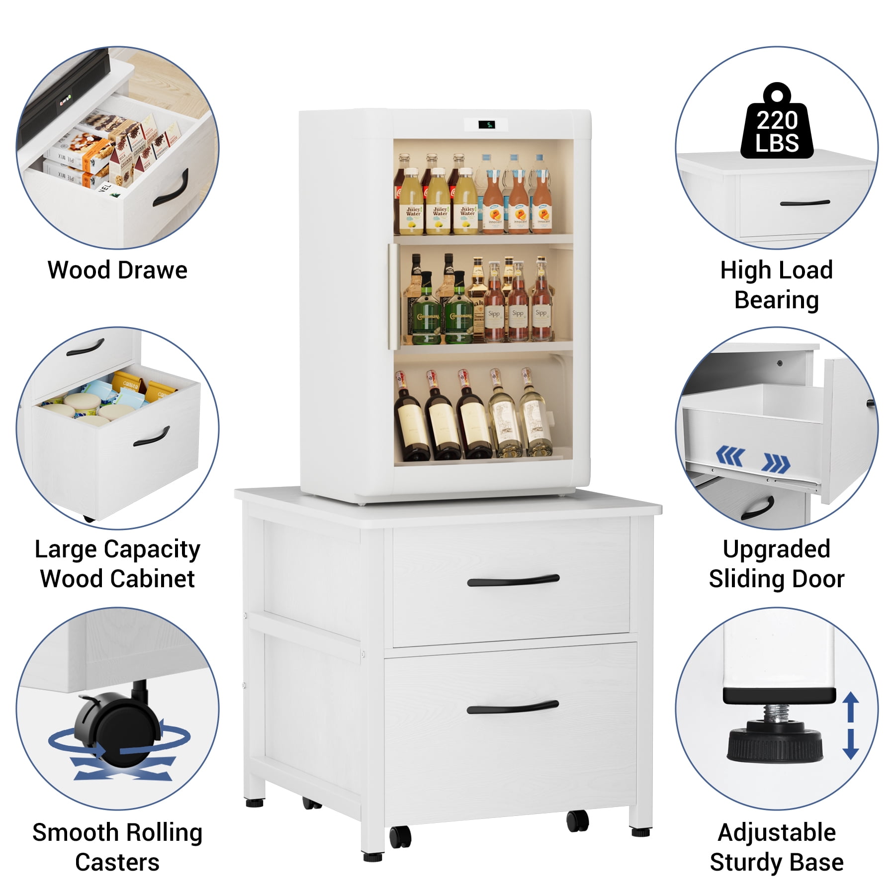 INFANZIA Mini Fridge Stand with Storage, Beverage Refrigerator Stand Table with Rolling Cabine, 22.1"Lx 23.2"W Solid Wood Heavy Duty Mini Fridge Cabinet for Dorm, Office, Bedroom, Black