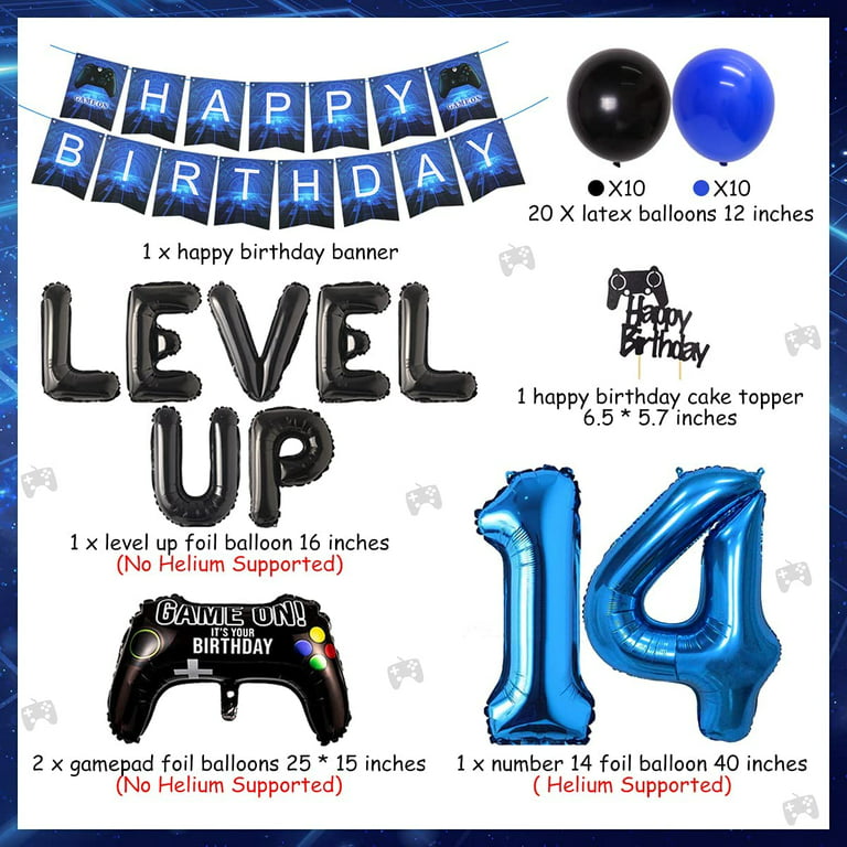 Video Game 14th Birthday Decorations for Boys - Level up Party Supplies,  Happy Birthday Banner, number 14 Balloon, Cake Topper, Controller Balloons  for Game On Party Favors - Walmart.com