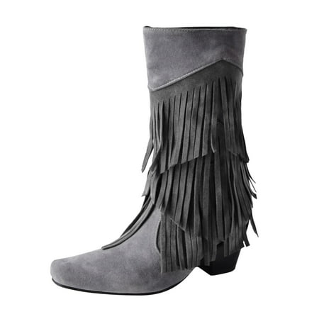 

PMUYBHF Ladies Fashion Solid Suede Tassel Decorative Square Headed Thick Heel Mid Sleeve Boots 51.98