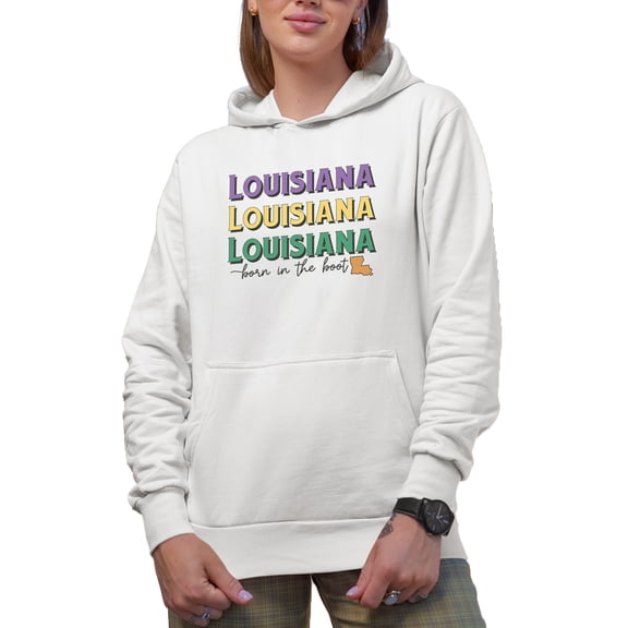 Louisiana, Born in the Boot with State Map Art Merch Gift, White Hooded Sweatshirt or Hoodie, Small