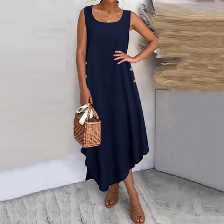 Lmnyox Sleeveless Cotton Linen Midi Dress Round Neck Wide Strap Dress  Summer Casual Beach Sundress - Walmart.com