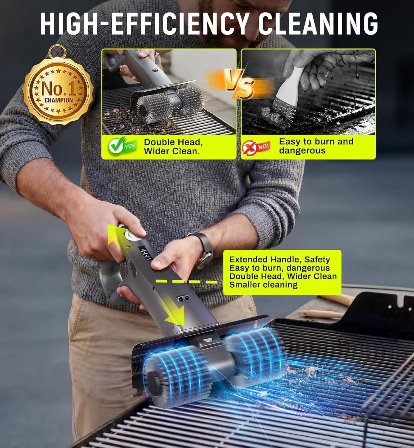 Electric Grill Brush Rechargeable, Dual Brush Heads Design Cordless Electric BBQ Grill Cleaner with Replaceable Head, No Bristles Grill Brush Outdoor Grill for Burnt-On Grease & Grill Grates