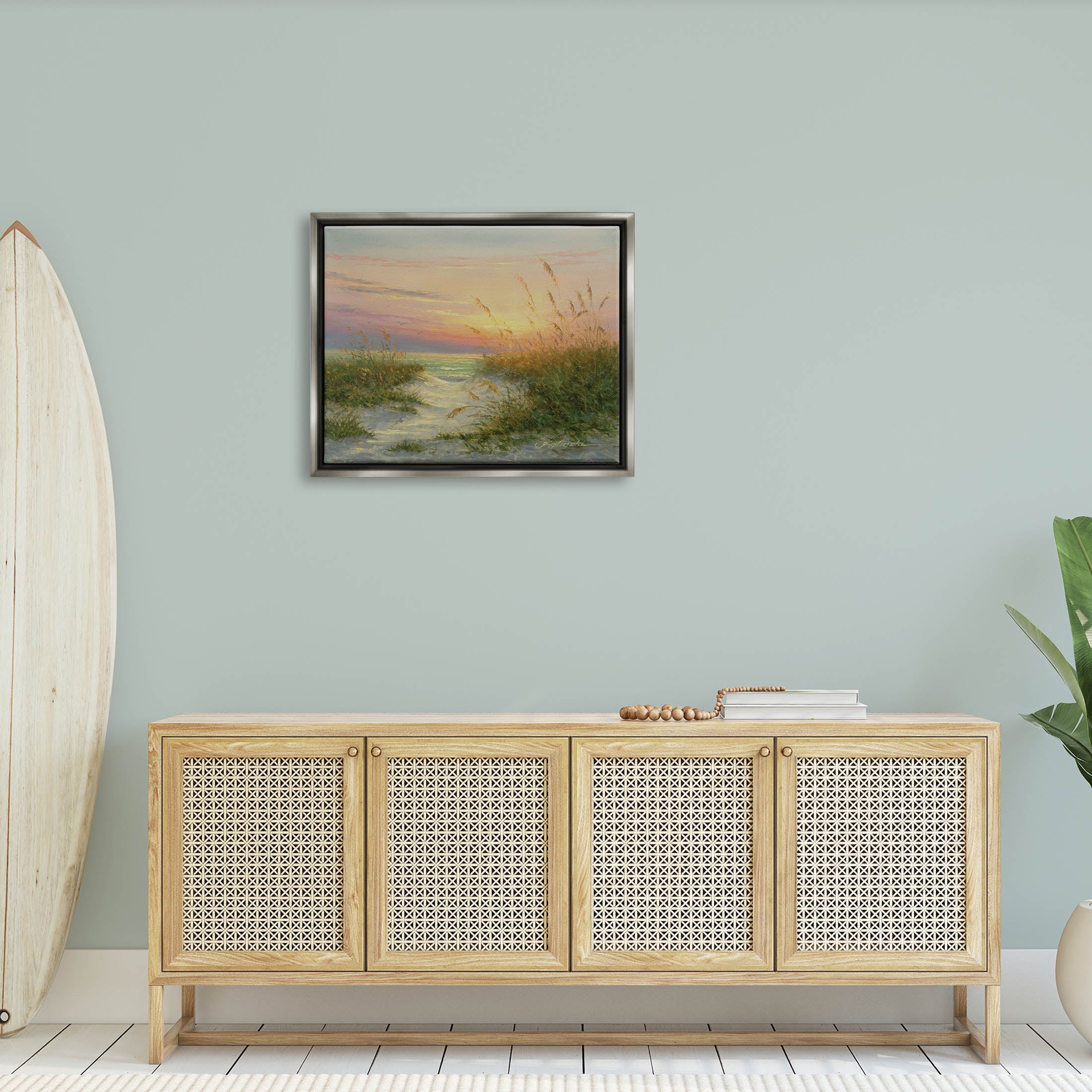 Sunset Beach Path Reeds Coastal Painting Luster Gray Framed Art Print Wall Art