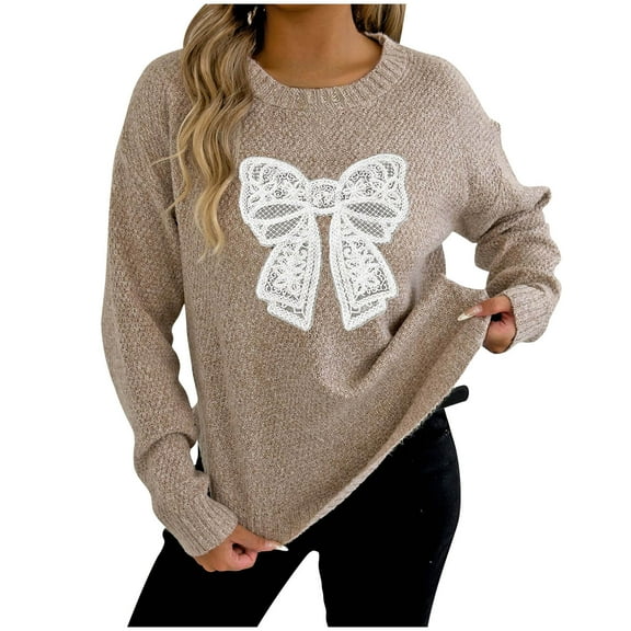 Hrsba Womens Round Neck Sweater,Sweaters for Women Solid Color Bow Pullover Long Sleeve Crew Neck Knit Fall Winter Tops