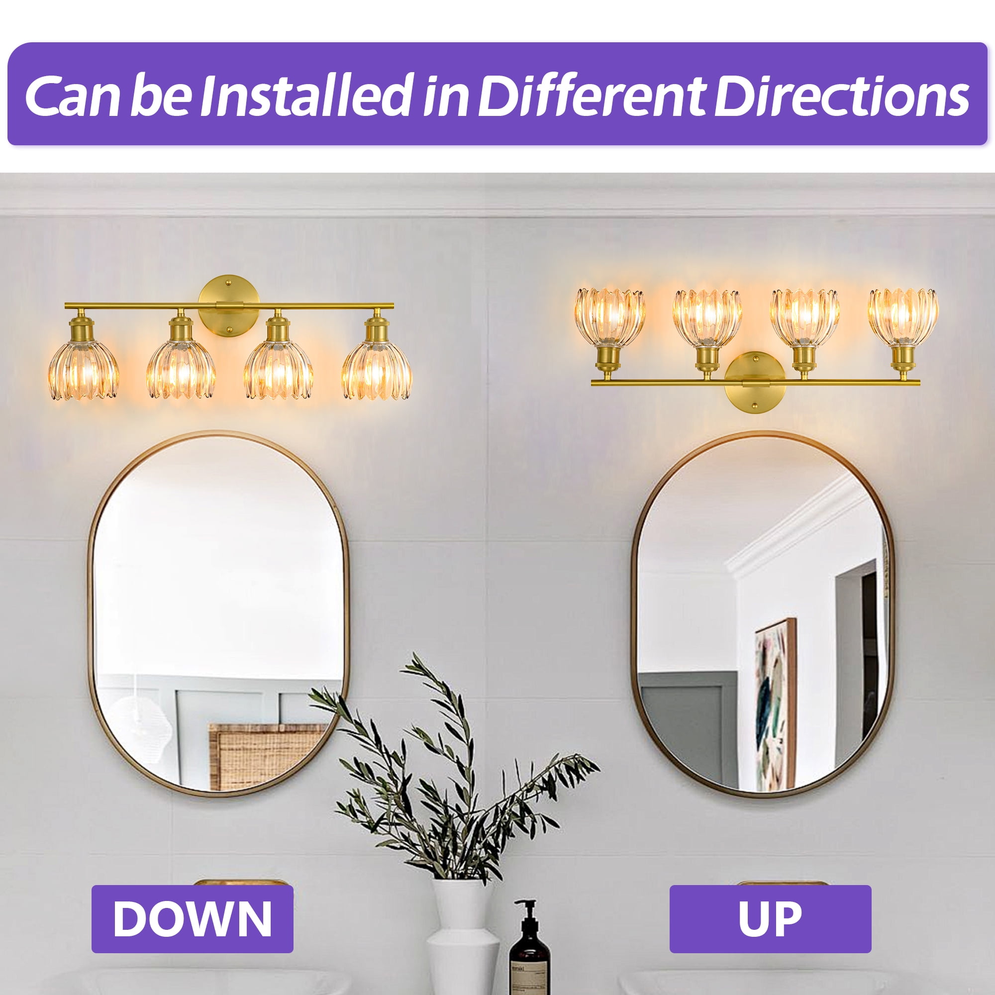 GCGAFUL Modern Gold Bathroom Vanity Light Fixtures, 26 in. 4-Light Bathroom Lights Fixtures Over Mirror with Amber Tulip Glass Shade