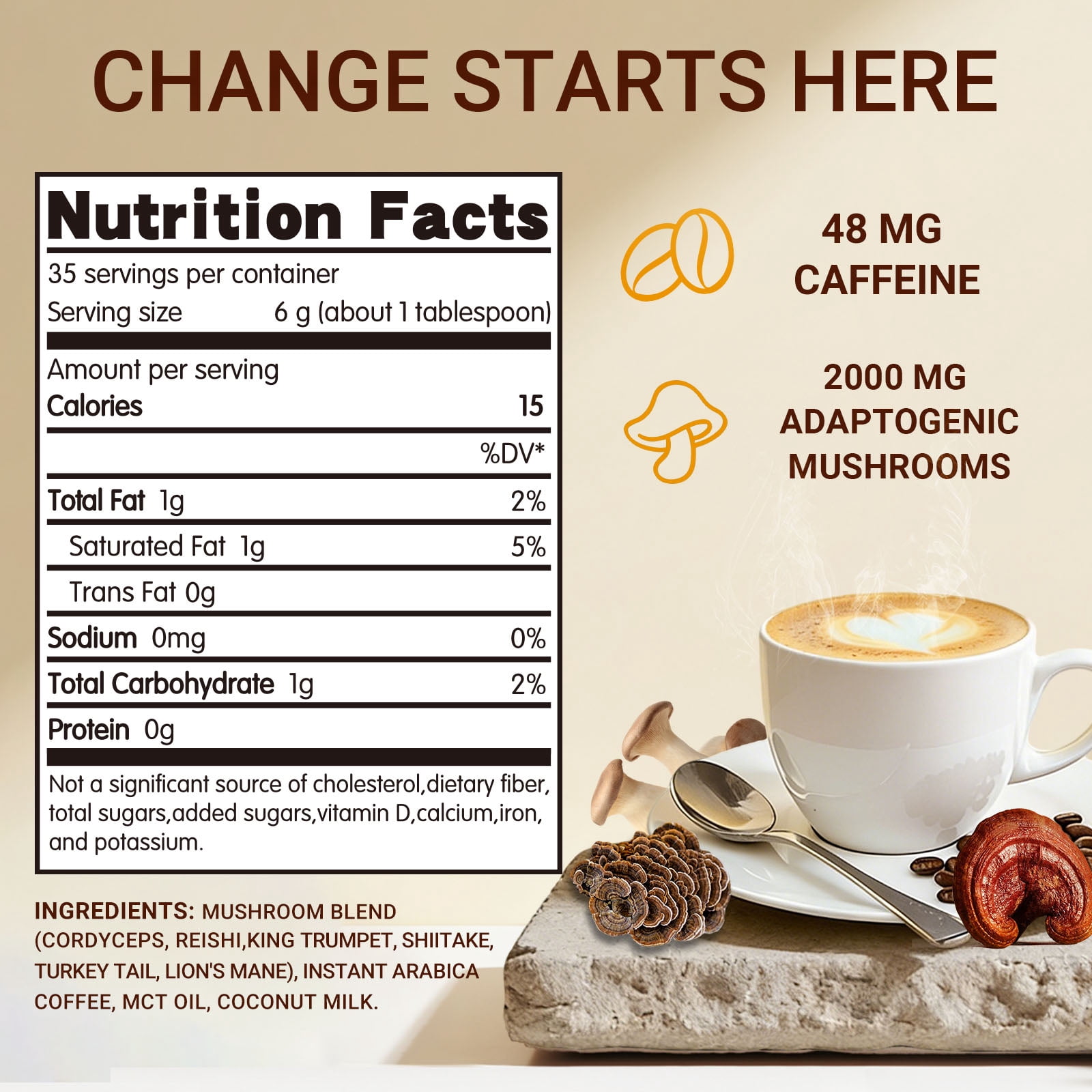 Mushroom Coffee - Instant Coffee - with Lion’s Mane, Cordyceps, Turkey Tail & Other - for Energy, Focus, Digestion, Immunity - 35 Servings (7.4oz)
