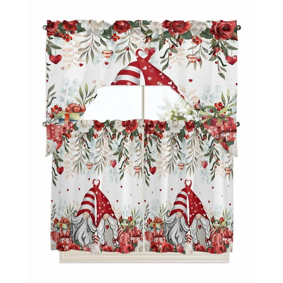 Red Floral Valentine's Day Kitchen Curtains Swag Valance and Tier Curtains Set 36 Inch Length, Gnomes Botanical Gifts Farmhouse Rod Pocket Drape Panels Pair Swag Curtains for Bathroom/Cafe/Window