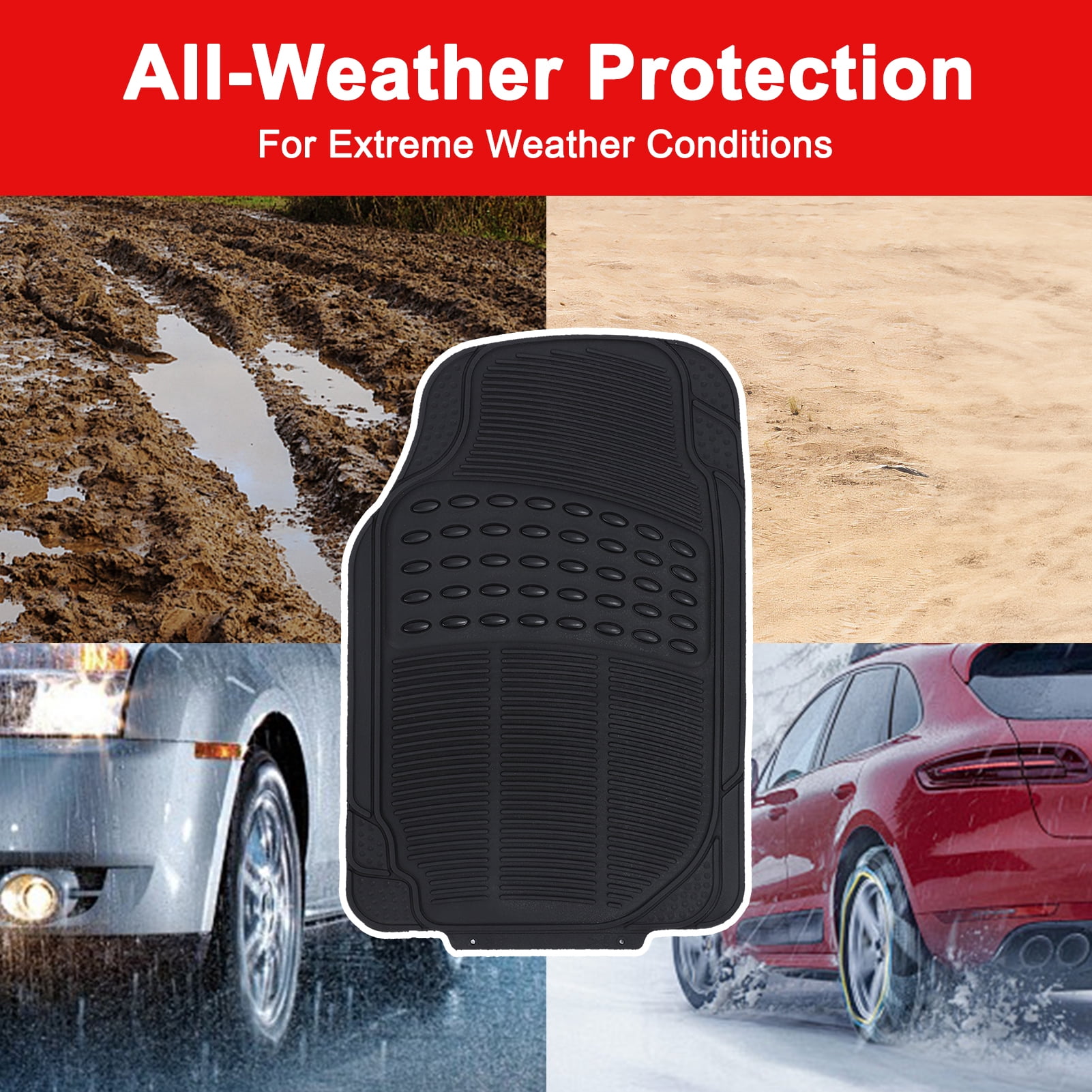3-Piece All Weather Solid Rubber Car Floor Mats Set, Trimmable Front and Rear- Heavy Duty Deep Dish Mats for Universal Car & SUV Van