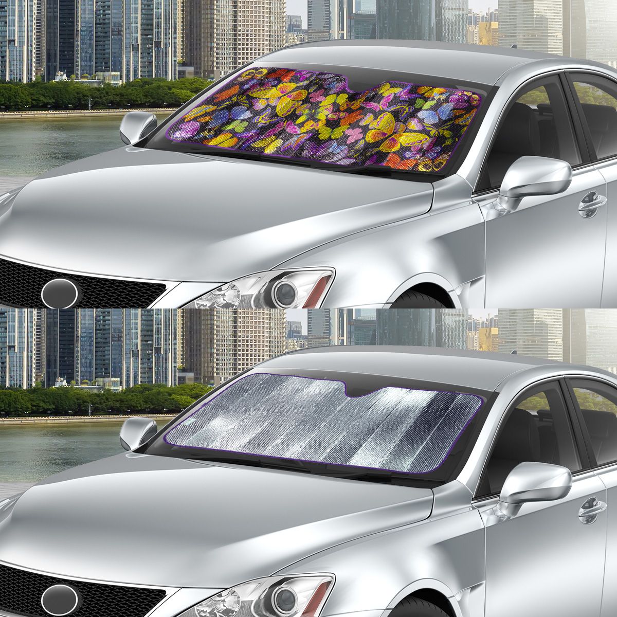 Auto Drive 1 Count Purple Butterfly Universal Fit Windshield Accordion Sunshade, Product Size 63'' x 28.5''