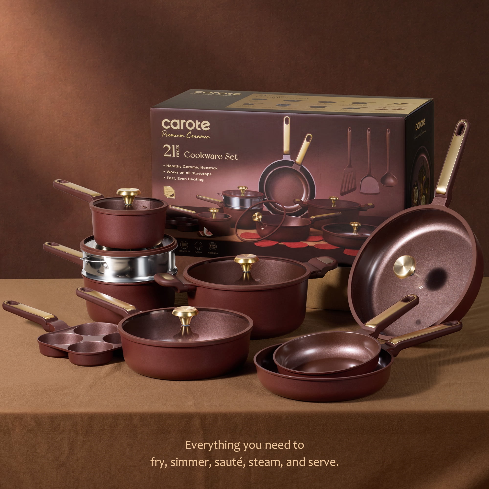 Carote Non-Toxic Ceramic Nonstick Pots and Pans Set, 21-Piece Cookware Set with Lids, All Stoves Compatible, Dishwasher Safe, Burgundy Red