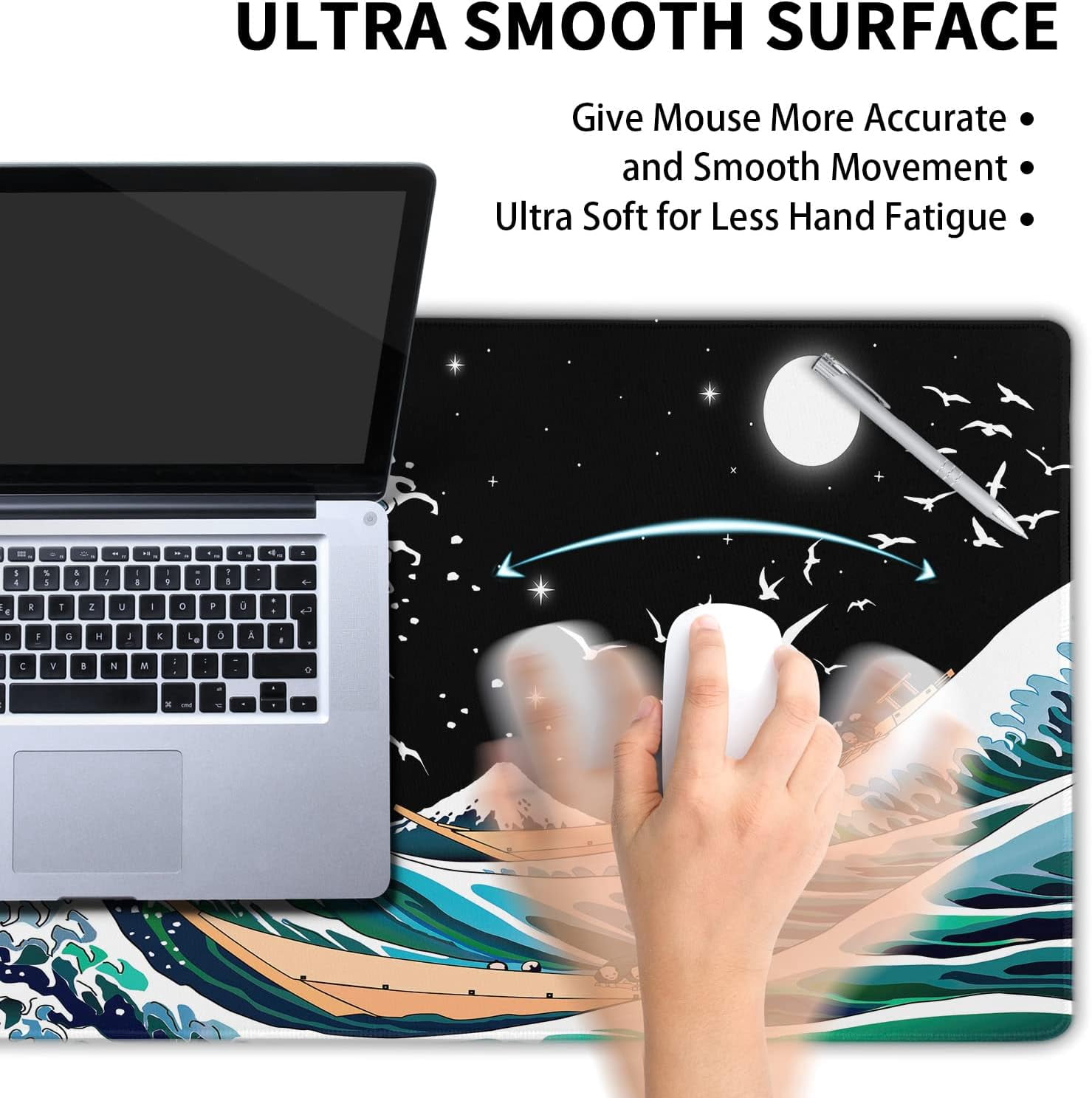 Japanese Black White Gaming Mouse Pad XXL Blue Green Sea Wave Moon Birds Extended Big Large Desk Mat Non-Slip Rubber Base Stitched Edge Long Keyboard Mousepad for PC Computer Laptop,35.4×15.7 in