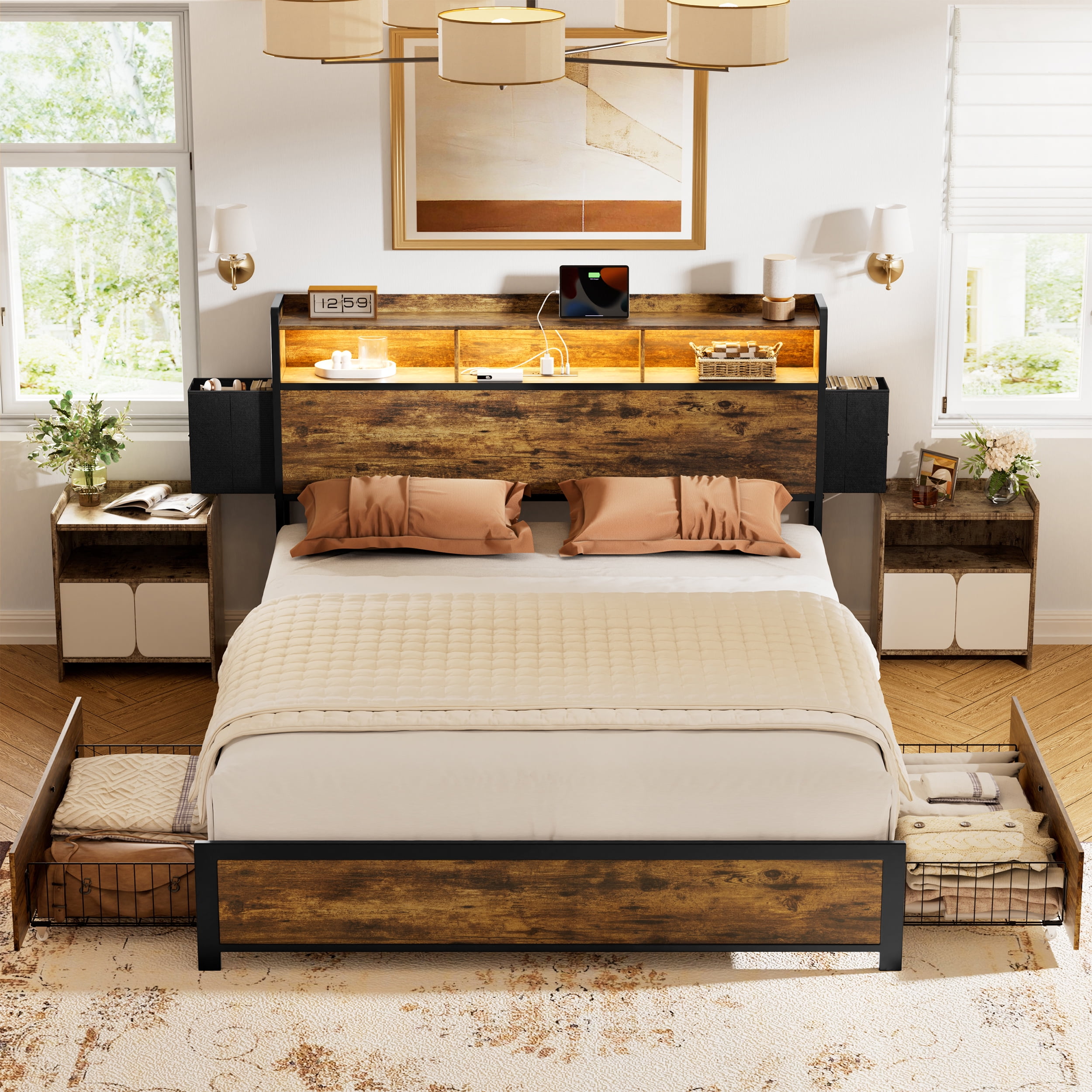 GUNAITO Full Bed Frame with 2 Drawers Headboard Platform LED Bed Frame with 2 Storage Drawers USB Ports & Outlets Rustic Brown