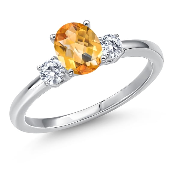 Gem Stone King 14K White Gold Yellow Citrine and Moissanite Engagement Ring for Women | 0.93 Cttw | Oval Checkerboard 7X5MM | Gemstone November Birthstone | Size 5
