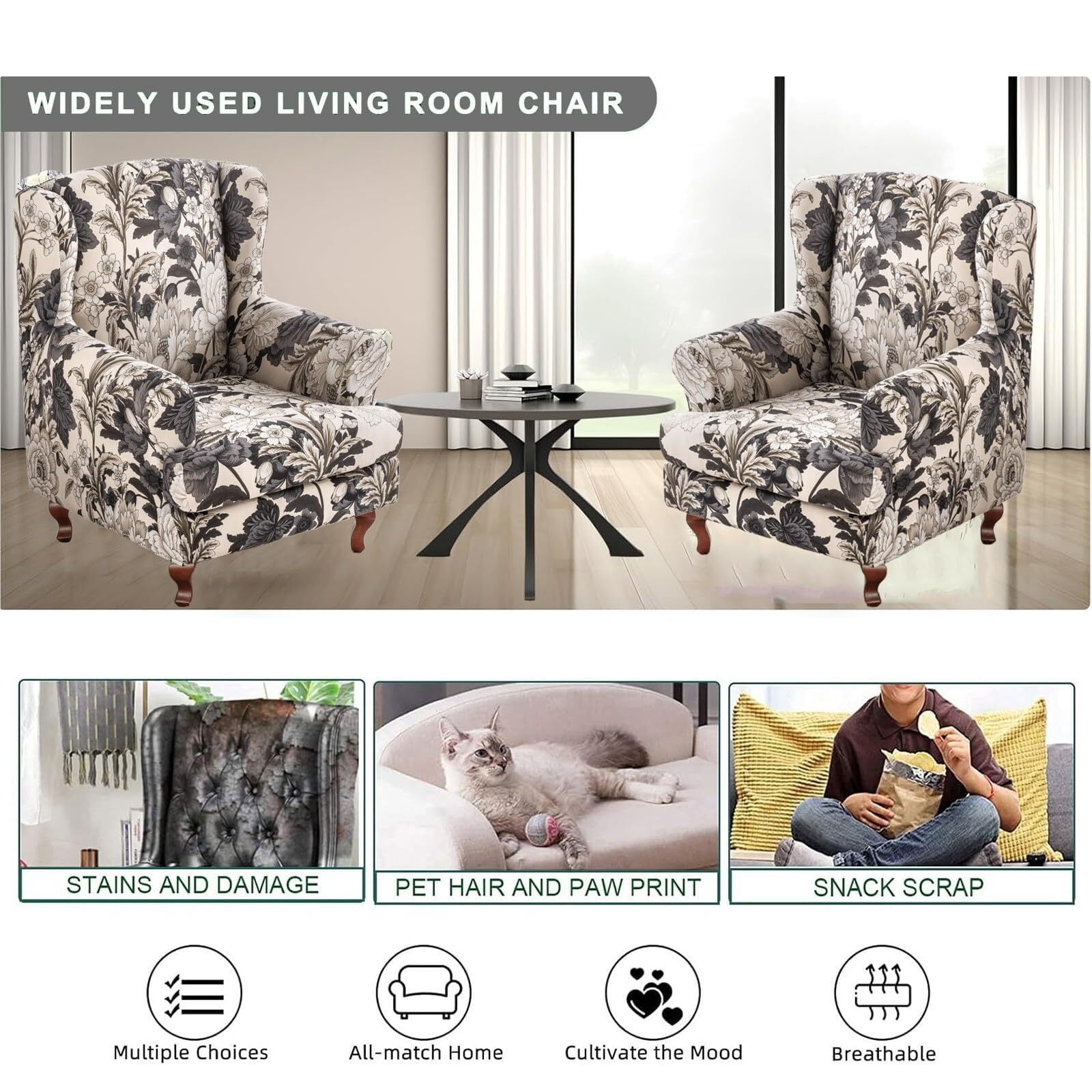 LKJYER Wing Back Wing Back,Stretch Printed Wingback Chair Slipcover with Elastic Bottom,No-Slip Universal Four Seasons for Armchair Sofa Cover Home Decoration