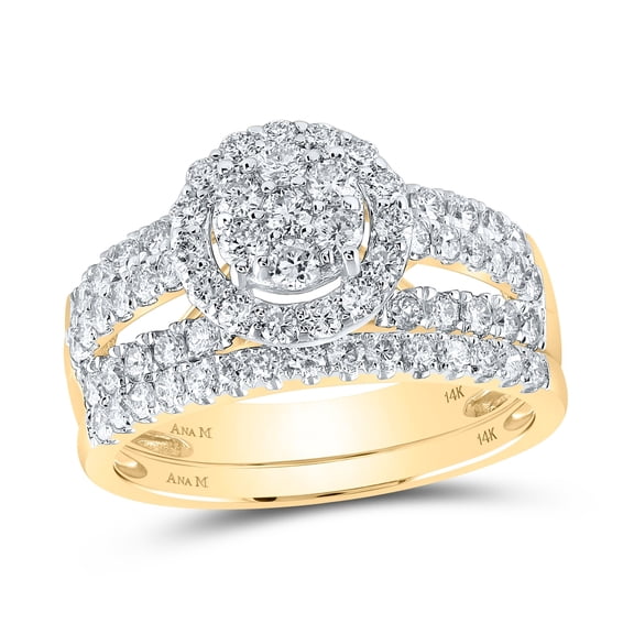 14K Yellow Gold His Hers Round Diamond Cluster Matching Wedding Set 1-3/4ctw, Womens Size: 5-10, Mens Size: 7-13