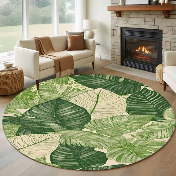 Green Leaves Round Rug 5ft Washable Circle Kitchen Rugs Non Slip Vintage Summer Tropical Leaf Floral Large Area Rug Indoor Floor Carpet for Bedroom Living Room Home Office Dining Room Nursery