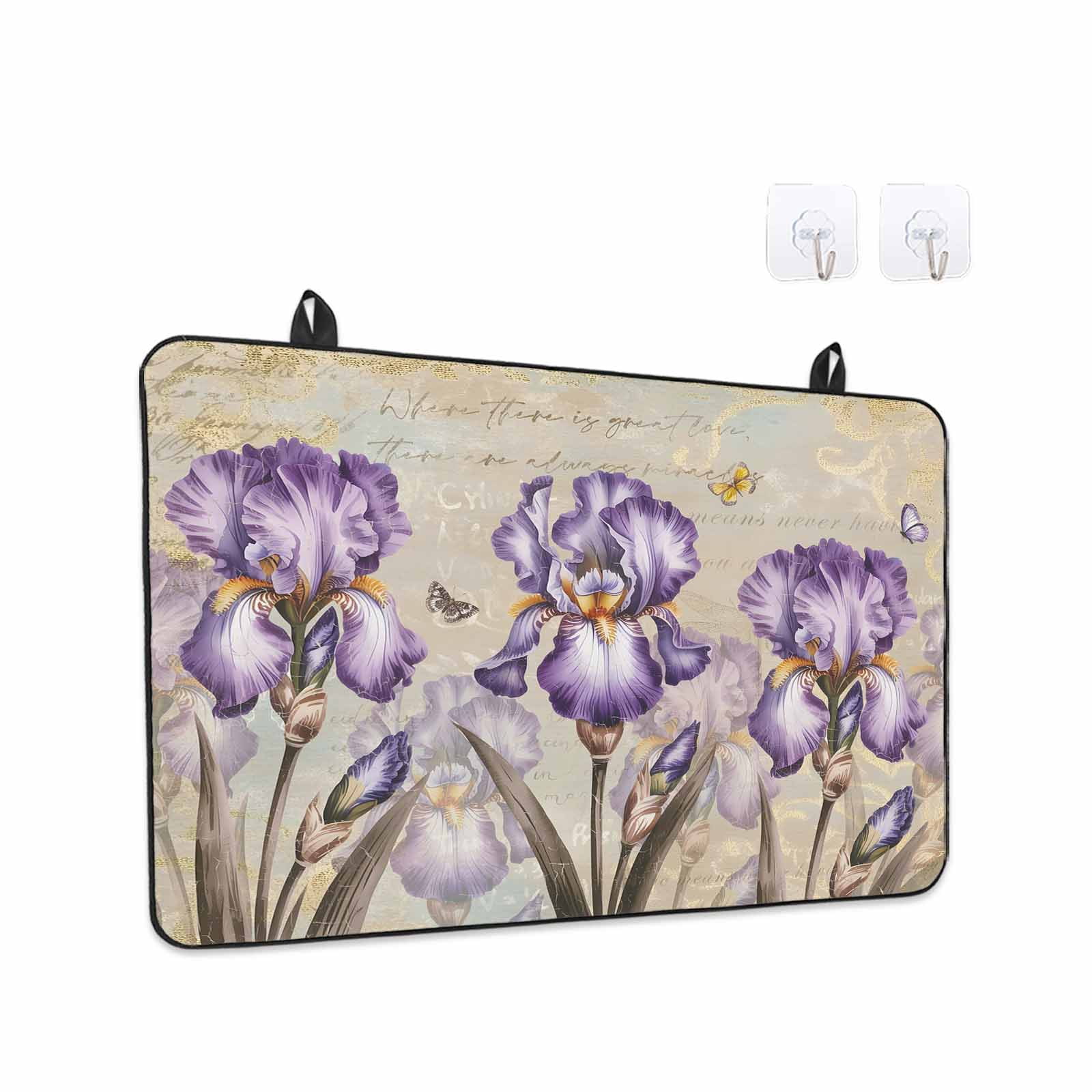 Purple Iris Stove Top Cover for Electric Stove, Heat-proof & Non Slip Glass Top Stove Cover Protector, Spring Vintage Flowers Butterfly Leaves Khaki Kitchen Flat Cooktop Rubber Mat 31x24 Inches