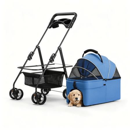 Pet Stroller for Small Dogs, Blue Foldable 4-Wheel Pet Carrier Stroller with Breathable Mesh Windows, Sun Shade, Storage Basket & Cup Holder, Up to 44 lbs