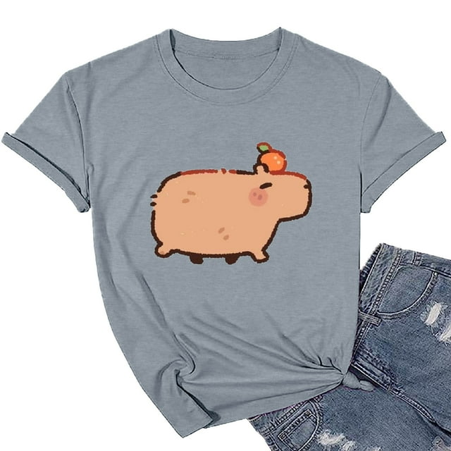 WILLBEST T-Shirts pour Femmes T-Shirt Graphique Capybara Selfie Mignon Imprimé Dessin Animé Couleur