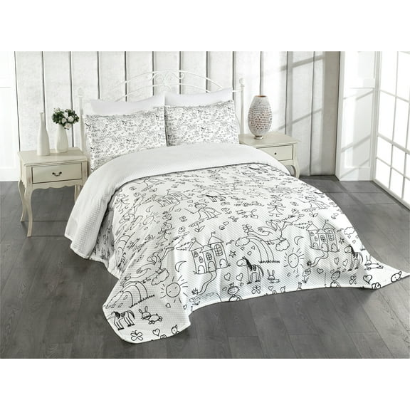 Ambesonne Cartoon Quilted Bedspread Set 3 Pcs, Prince and Horse, Queen Size, White Black