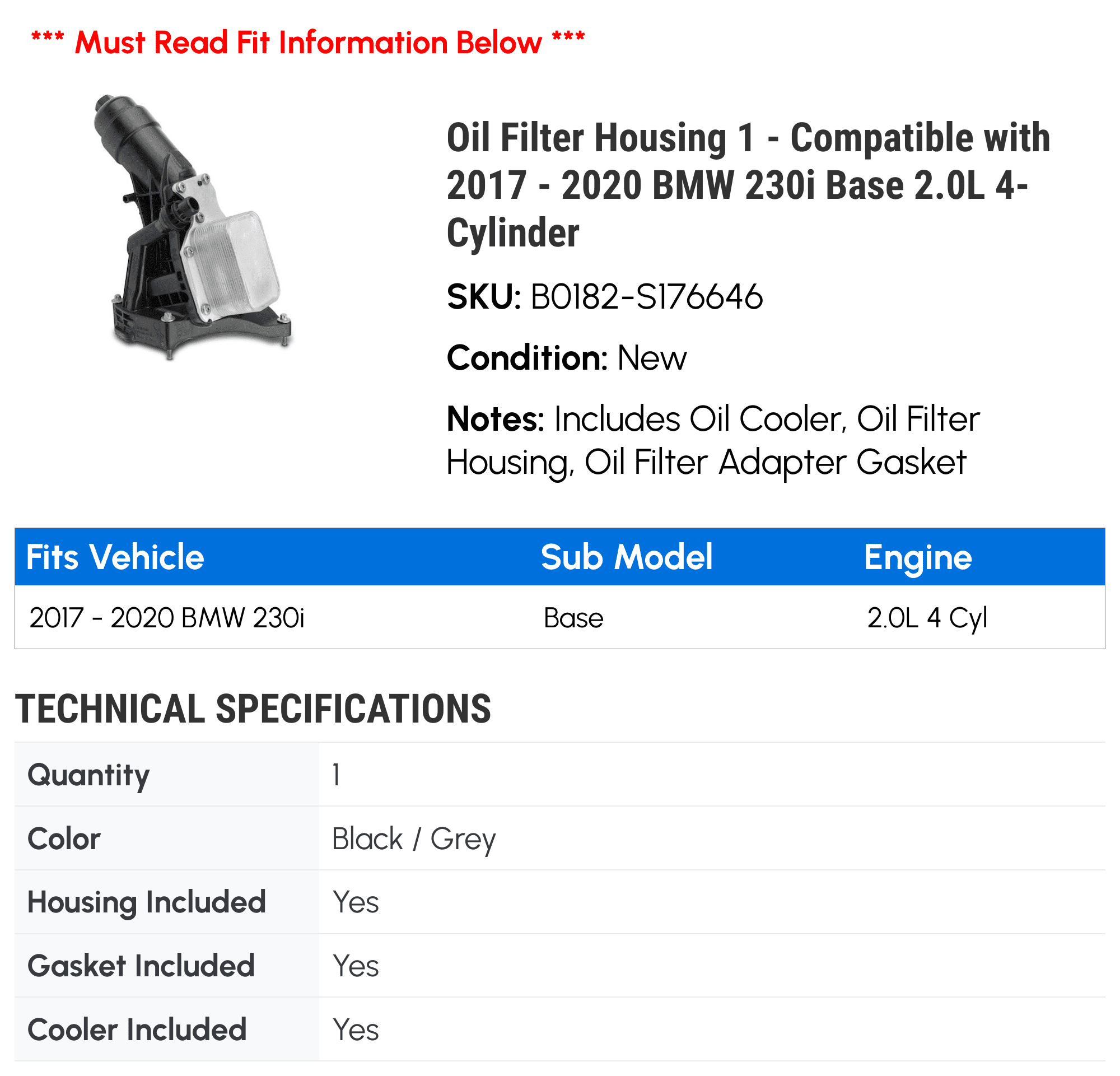 Oil Filter Housing 1 - Compatible with 2017 - 2020 BMW 230i Base 2.0L 4-Cylinder - Autopart Premium