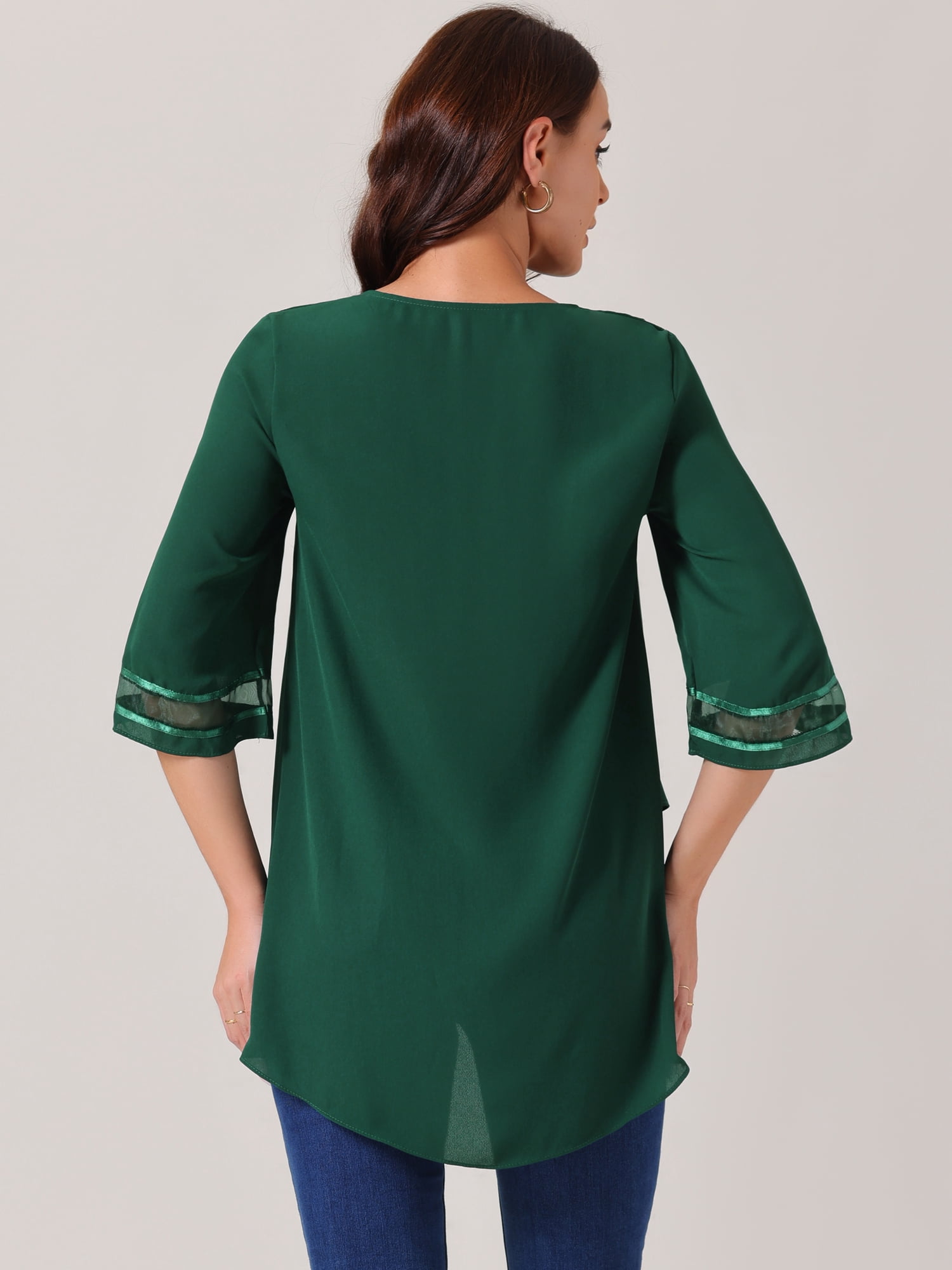 Unique Bargains Women's Chiffon V Neck 3/4 Bell Sleeve Asymmetrical Hem Blouse S Green