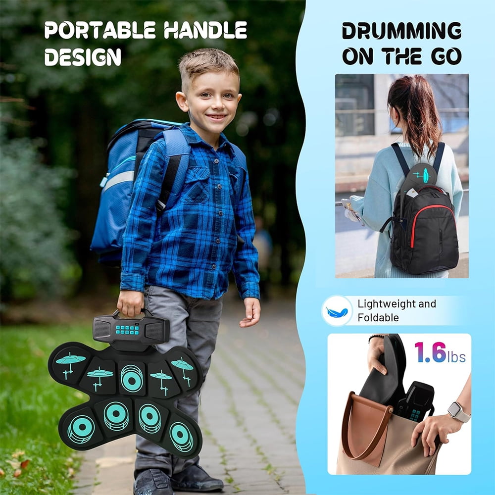 Portable Electronic Drum Set, 9-Pad Tabletop Drum Kit with Headphone Silent Mode & Drum Sticks/Pedals, MIDI Connectivity, Ideal Music Starter Gift for Boys & Girls Ages 3-8