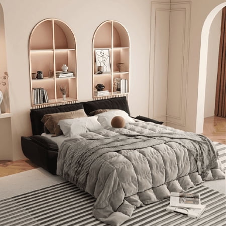[Luckynote]73.2" Queen Pull Out Sofa Bed,3-in-1 Convertible Sleeper Sofa,Multi-Functional Velvet Loveseat Bed,Black