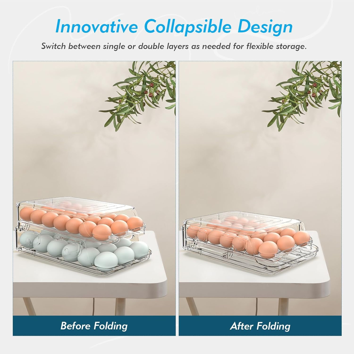 Egg Holder for Fridge, Foldable Automatic Rolling Egg Container for Refrigerator, Stackable Large-Capacity Egg Organizer Tray, Durable Clear Plastic Dispenser (3 dozens)