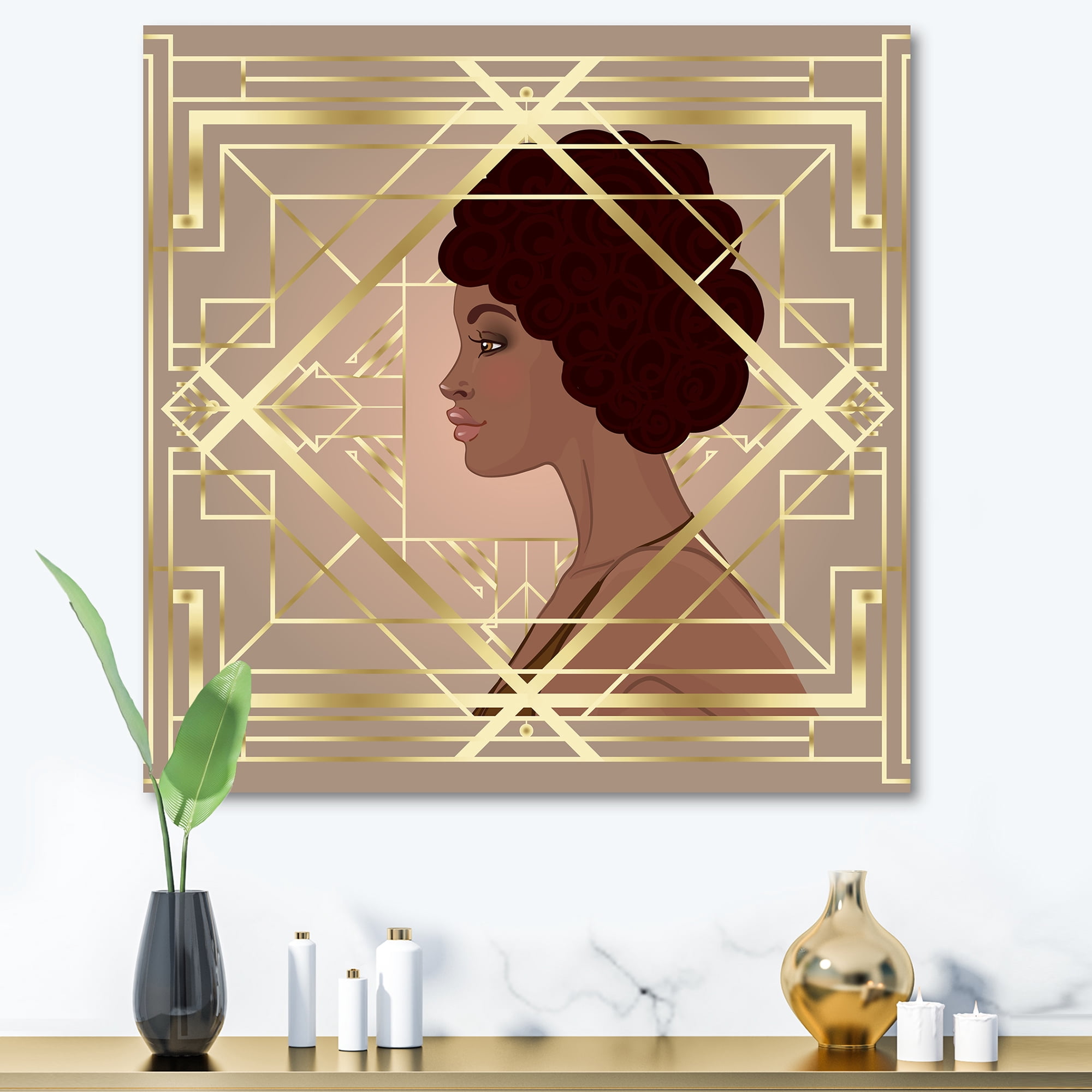 Retro Girl In Golden Art Deco Geometrics II 36 in x 36 in Painting Canvas Art Print, by Designart