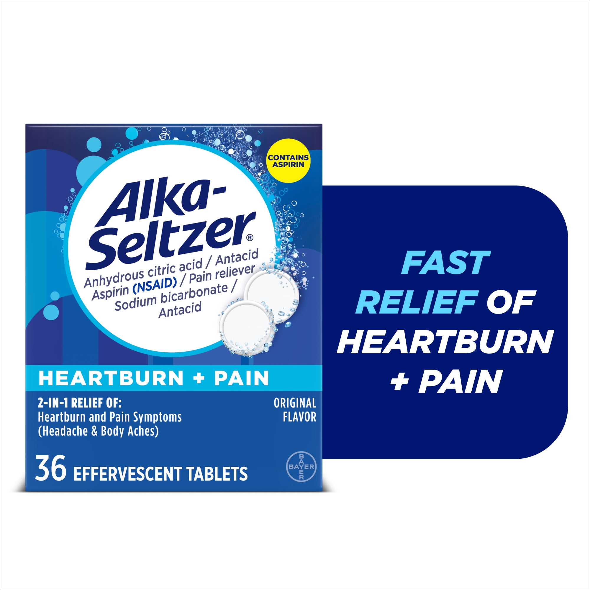 Alka-Seltzer Heartburn + Pain, Aspirin + Antacid Tablets for Fast Pain Relief, Heartburn Relief & Acid Indigestion Relief, 36 Count