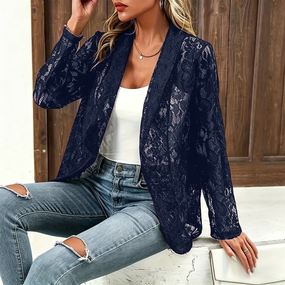 Womens Sheer Mesh Jackets Long Sleeve Lace Lapel Open Front Lightweight Loose Fit Office Casual Blazer Suit Coat Cardigans Navy L