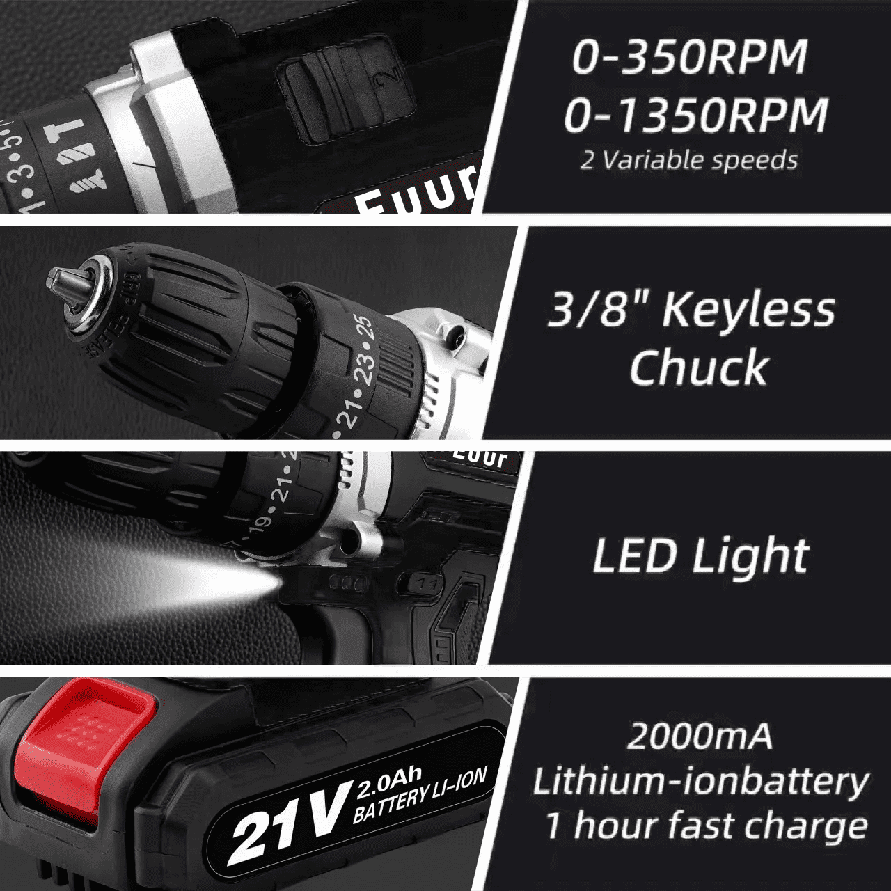 Euur Cordless Drill, 21V Power Drill Set, 25+1 Position Adjustable Torque Electric Drill, 2-Speed Transmission For Screwdriving And Drilling, Black